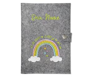 Housse de carnet de santé et carnet de vaccination personnalisés - Nuage arc-en-ciel - 2 compartiments intérieurs - Fermeture à bouton-pression avec logo - Gris chiné