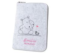 Housse de carnet de santé « hippopotame et canard » au format A5 personnalisable avec nom en feutre (couleur et broderie au choix) - Étui pour carnet d'examen pour enfant et carnet de vaccination -