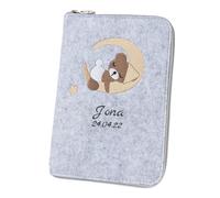 Housse de carnet de santé « Lune et ours » au format A5 personnalisable en feutre (couleur et broderie au choix) - Étui pour carnet d'examen pour enfant et carnet de vaccination - Organiseur - Cadeau