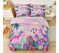 Housse de Couette 100% Microfibre 220 x 240 cm Dessin Animé Mignon | Dinosaures Mignons Dragons Volants Cœurs Parure de Lit Ultra Douce Design Décor de Chambre Réversible Rose Violet