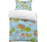 Housse de Couette 100x135 Thème de Dessin Animé Parure de Lit 1 Personne, Tortues de Mer Housse Couette Microfibre avec 1 Taie d'oreiller pour Enfant Fille Garcon Éolien Côtier Vert