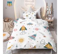 Housse de Couette 100x140 Aérospatial Parure de Lit 1 Personne, Thème de l'espace Housse Couette avec 1 Taie d'oreiller pour Enfant Fille Garcon Deco Chambre, Dessin Animé Blanc