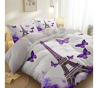 Housse De Couette 140 Cm X 200 Cm avec 2 Taies d'oreiller 65X65 Cm Motif Impression Romance Tour Eiffel Papillons Parure De Lit avec Fermeture Éclair Microfibre Douce Gris