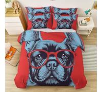 Housse De Couette 140 Cm X 200 Cm avec 2 Taies d'oreiller 65X65 Cm Motif Impression Style Art Moderne Bouledogue Lunettes Rouges Parure De Lit avec Fermeture Éclair Microfibre Douce Rouge