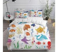Housse de Couette 140 x 200 Animaux Marins Imprimé 3D Parure de lit 1 Personne Dauphins et Méduses avec 2 Taies d'oreiller 65x65 cm Douce Microfibre Literie 3 Pièces pour Enfants a.1039
