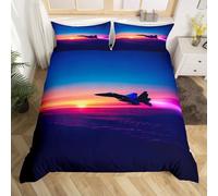 Housse de Couette 140 x 200 Avions de Chasse Imprimé 3D Parure de lit 1 Personne Coucher de Soleil avec 2 Taies d'oreiller 65x65 cm Douce Microfibre Literie 3 Pièces pour Enfants b_877