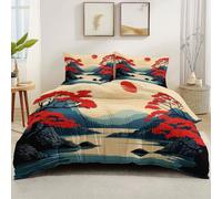 Housse de Couette 140 x 200 cm avec 2 Taies d'oreiller 65x65 cm, Rétro Traditionnel Japonais Montagnes Plantes Housse Couette - Nu Ado Parure de Lit 2 Personnes avec Fermeture Éclair Housse Couette