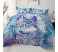 Housse de Couette 140 x 200 cm avec 2 Taies d'oreiller, Gris Imprimée Motif de Lit 2 Personnes - Microfibre Fermeture Éclair Fantastique Attrape-RêVes Animaux Loup Thème Literie pour la Maison