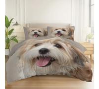 Housse de Couette 140 x 200 cm Beige, 2 Taie d'oreiller 65x65cm, Parure de Lit de Motif Chien Bichon Havanais Mignon Réversible pour 2 Personnes en Microfibre Fermeture Éclair
