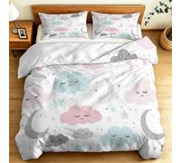Housse de Couette 140 x 200 cm Blanc Crème Imprimé Illustration De Dessin Animé Parure de lit Adulte 2 Personnes, Nuage Mignon Lune Étoile Céleste en Microfibre Linge de lit Éclair