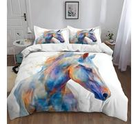 Housse de Couette 140 x 200 cm Blanc Enfant Fille Garçon Animal Parure de Lit 1 Personne en Microfibre Dessin Animé Cartoon 3D Imprimé Cheval Aquarelle Élégant Et Surréalisteavec Fête Anniversaire,