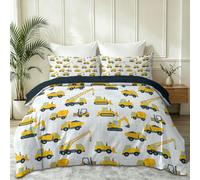 Housse de Couette 140 x 200 cm Cartoon Industriel | Parure de lit avec Taie 65 x 65 cm, Motif Imprimée Pelleteuse Grue Engins Chantier Réversible, Microfibre Douce
