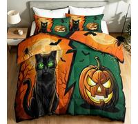Housse de Couette 140 x 200 cm, Chat Lune Araignée Chauve-Souris Citrouille Imprimées Réversibles Housses de Couettes, Gothique Parure de Lit avec 2 taies d'oreiller pour Fille Garcon, Vert Orange