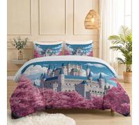Housse de Couette 140 x 200 cm Château Fleurs Nuages Imprimé, Parure de lit Rêveur Romantique Réversible Microfibre Douce avec Fermeture Éclair Ensemble de Literie 3 Pièces et 2 Taies d'oreiller