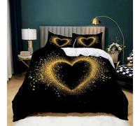 Housse de Couette 140 x 200 cm Coeur D'Amour Romantique à Paillettes DoréEs Parure de lit Noir pour Garçons Adulte, Réversible Parure Housse Couette 1 Personnes en Microfibre + 2 Taie d'oreiller