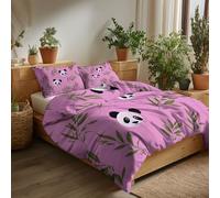 Housse de Couette 140 x 200 cm Dessin Animé Panda Feuilles Parure de Lit Garçon Fille en Microfibre Chambre Décor Housse Couette avec Fermeture Éclair avec 2 Taies d'oreiller 65x65 cm, Rose