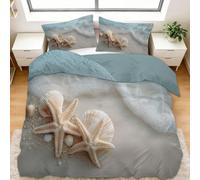 Housse de Couette 140 x 200 cm en Microfibre Ultra Douce, Nature Coquille Saint Jacques Étoile De Mer Parure de Lit Adulte 2 Personnes avec Fermeture Éclair + 2 Taies d’Oreiller, Beige Clair