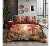Housse De Couette 140 x 200 cm Forêt D'Érables Rouges Ruisseau Pont Parure De Lit | Doux Paysage D'Automne À L'Aquarelle Imprimé Parure Housse Couette Avec Fermeture éclair Avec 1 Taies D'Oreil