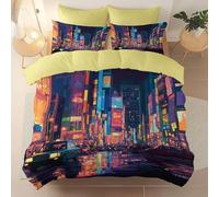 Housse de Couette 140 x 200 cm - Gros Plan Nuit de la Ville bâtiments lumières Motif - Parure de lit Douce et Confortable - Microfibre Parure Couette avec Fermetures éclair, Jaune