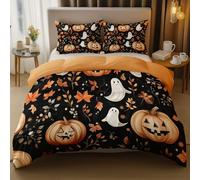 Housse de Couette 140 x 200 cm - Halloween Aquarelle Citrouille Feuilles Parure de Lit Imprimées Réversibles Terreux Housse de Couette décorative imprimée d'hiver avec 2 Taie d'oreiller 65x65 cm
