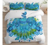 Housse de couette 140 x 200 cm, Linge de lit Avec Fermeture Éclair Parure 3 Pièces réversible - 100% microfibre - Luxueuse moderne - Paon Plumes Animal avec 2 Taie d'oreiller 65 x 65 cm Bleu