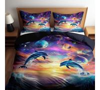 Housse de Couette 140 x 200 cm Mer Dauphins Ciel étoilé Univers - Parure de Lit Enfant Adulte 1 Personnes avec Fermeture Éclair Sets de Housse Couette en Polycoton avec 2 Taie d'oreiller 65x65 cm,