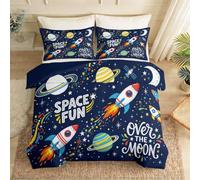 Housse de Couette 140 x 200 cm, Microfibre Parure de Lit Cartoon Univers, Bleu Foncé Respirant Linge de Lit, Fusée Planète Anneau De Saturne Ciel Étoilé Housse de Couette avec Fermeture Éclair