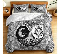 Housse de Couette 140 x 200 cm, Motif Mandala Arbre Vie Lune Céleste, Parure de Lit en Microfibre Noir Blanc Adulte Zen Minimaliste Imprimée Douce Housse de Couette avec Fermeture Éclair