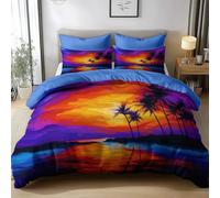 Housse de Couette 140 x 200 cm, Parure De Lit 2 Personne en Microfibre avec Île Naturelle Au Coucher du Soleil, Ensemble De Literie 3 Pièces Imprimé 3D avec Fermeture Éclair, Bleu Royal