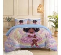 Housse de Couette 140 x 200 cm Parure de Lit Féerique Dessin Animé avec Fermeture Éclair, Housse Couette 1 Personne Imprimée Fille Ailes Château Cœurs en Microfibre avec 2 Taie d'oreiller 65x65 cm