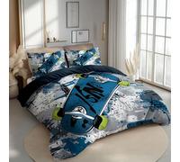 Housse de Couette 140 x 200 cm Parure de lit réversible Bleu Foncé avec Fermeture éclair Microfibre Sports De Dessins Animés Skateboard Housse de Couette Super Douce et 2 Taies d'oreiller 65x65 cm