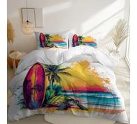 Housse de Couette 140 x 200 cm, Plage Planche De Surf Tortue Illustration Imprimer Housse de Couette pour Adolescents et Adultes, Blanc Parure de Lit en Microfibre Brossée avec Fermeture Éclair
