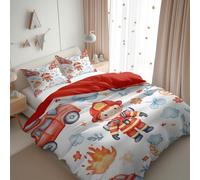 Housse de Couette 140 x 200 cm Pompiers de dessin animé à l'aquarelle - Parure de Lit Adulte 1 Personnes avec Fermeture Éclair Sets de Housse Couette en Polycoton avec 2 Taie d'oreiller, Rouge corail