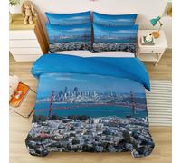 Housse de Couette 140 x 200 cm Pont Skyline Bâtiments, Bleu Roi Rouge Rouille Parure de Lit Doux Microfibre Moderne Photographie, avec Fermeture Éclair et Taies d'oreiller