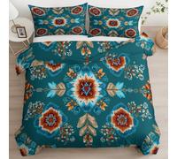 Housse de Couette 140 x 200 cm Réversible - Parure de Lit - 3 Pièces || 2 Personnes - Traditionnel Textiles Peuples Autochtones - Couette 4 Saison 100% Couette en Microfibre, Adulte avec oreiller Bleu