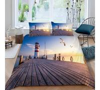 Housse de Couette 140x190 Phare Parure de Lit 1 Personne Motif Pont en Bois 3D Microfibre Douce Housses de Couettes avec Fermeture Éclair avec 2 Taies d'oreillers 65x65 cm C-3386