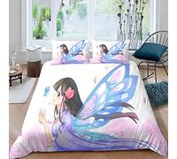 Housse de Couette 140x200 anime japon Enfants Fille Parure de lit 1 Personne Imprimé En 3D Anime papillon fille Microfibre 3 pièces avec Fermeture à GlissièRe CachéE et 2 Taies d'oreillers50x75cm