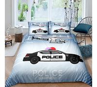 Housse de Couette 140x200 Avion Voiture de Police Dessin Animé Parure de Lit Enfant Garçon 1 Personne en Microfibre Douce Imprimée 3D avec Fermeture Éclair, avec 2 Taies d'oreiller 65x65 cm