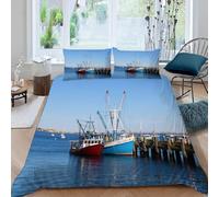 Housse de Couette 140x200 Bateau Parure de Lit 1 Personne Océan Imprimée 3D Microfibre Douce Jetée Housse Couette Réversible avec 1 Taie d'oreiller m1189