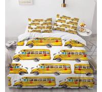 Housse de Couette 140x200 Bus Scolaire Parure de Lit 1 Personne Voitures de Dessin Animé 3D Imprimée Literie Set House Couette Microfibre pièces et 2 Taies Oreiller pour Enfants L.44