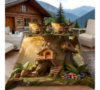 Housse de Couette 140x200 Cabane Forestière, 1 Personne, Parure de Lit Imprimé de Champignon Microfibre avec 2 x Taie d'oreiller 65x65 cm avec Fermeture éclair