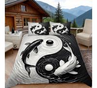 Housse de Couette 140x200 Carpe Koï, 1 Personne, Parure de Lit Philosophie Orientale Microfibre avec 2 x Taie d'oreiller 65x65 cm avec Fermeture éclair