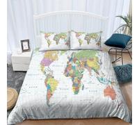 Housse de Couette 140x200 Carte du Monde Imprimée 3D Géographie Parure de Lit 1 Personne Doux Microfibre Literie avec 2 Taies D'oreillers avec Fermeture Éclair P-940