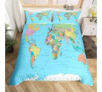 Housse de Couette 140x200 Carte du Monde Microfibre Parure de Lit 3D Imprimée Géographie Housse Couette Ultra Douce Confortable avec 2 Taies d'oreiller D-27