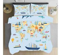 Housse de Couette 140x200 Carte du Monde Parures de Lit 3D Imprimée Douce Literie Set Itinéraire de Voyage Réversible Microfibre Housse de Couette 1 Personne avec 1 x Taie d'oreiller 65x65 cm r.1340