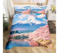 Housse de Couette 140x200 Cerisiers en Fleurs du Mont Fuji Parure de Lit 1 Personne Paysages Naturels 3 Pièces Housse Couette en Microfibre Douce Imprimé 3D avec 2 Taies d'oreiller 65x65 cm e-369