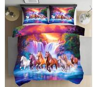Housse de Couette 140x200 Cheval au Galop Cascade Paysage Naturel Douce et Respirante, Animaux Sauvages Prairie Parure de Lit avec Fermeture Éclair, 2 Taies d'oreiller 65x65cm