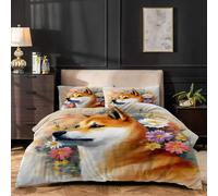 Housse de Couette 140x200 Chien Housse de Couette 1 Personne en Microfibre, Parure de Lit Mignon Shiba Inu, Housse Couette Fleurs Animaux avec Taies d'oreiller, Orange Vert A38