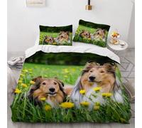 Housse de Couette 140x200 Chien Parure de Lit 1 Personne Herbe Verte 3 Pièces Housse Couette en Microfibre Douce Imprimé 3D avec 2 Taies d'oreiller 65x65 cm y-1953