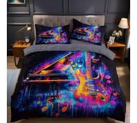 Housse de Couette 140x200 cm 1 Personne Noir Parure de Lit Guitare électrique et Piano à Queue 3 Pièces en Microfibre avec 1 Taie d’Oreiller, Ensemble de Literie Doux et Confortable